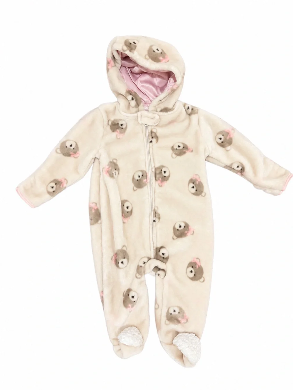 NEW Chick Pea Cozy Bear Print Hooded One-Piece in Cream and Pink